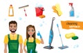 Professional cleaners team. Vector set of cleaning tools. Vector illustration of cartoon asian characters