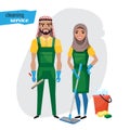 Professional cleaners team. Young arab muslim smiling couple are holding cleaning tools. Vector illustration of cartoon Royalty Free Stock Photo