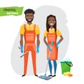 Professional cleaners team. Young black african american smiling couple are holding cleaning tools. Vector illustration Royalty Free Stock Photo