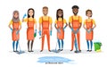 Professional cleaners team. Young multiracial smiling people are holding cleaning tools. Vector illustration of cartoon