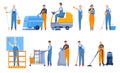 Professional cleaning company workers with equipment, vacuums and sweeper. Window washing. Characters with mop, broom