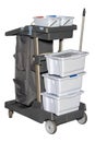 The cleaning trolley is made of durable plastic combined with aluminum