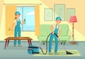 Professional cleaning workers cleaning living room. Man and woman characters, cleaning company staff Royalty Free Stock Photo