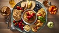 Professional food photography of different kind healthy breakfast set, beautifully decorated, view from top