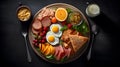 Professional food photography of different kind healthy breakfast set, beautifully decorated, view from top