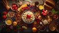 Professional food photography of different kind healthy breakfast set, beautifully decorated, view from top