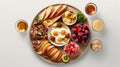 Professional food photography of different kind healthy breakfast set, beautifully decorated, view from top