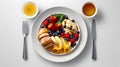 Professional food photography of different kind healthy breakfast set, beautifully decorated, view from top