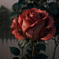 A professional close up of a red roses surrounded by fog and water droplets.