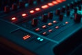 Professional close-up of a soundboard showcasing vibrant lights and controls during a recording session at a studio Royalty Free Stock Photo