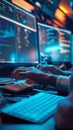 Professional coder immersed in programming at a vibrant workstation in a tech hub Royalty Free Stock Photo