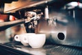 Professional coffee. Espresso machine preparing and pouring two perfect cups of coffee. Restaurant details