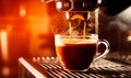 Professional coffee machine brewing espresso, coffee pouring into small mug, copy space Royalty Free Stock Photo