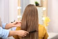 Professional coiffeuse combing client`s hair Royalty Free Stock Photo