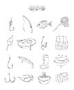 Professional collection of icons and elements. Fishing set of hand drawn elements, doodles isolated on white background. Vector Royalty Free Stock Photo