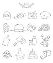 Professional collection of icons and elements. Set of culinary, baking and pastry hand drawn elements, doodles isolated on white