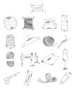 Professional collection of icons and elements. Set sewing, tailor hand drawn elements doodles on white background. Vecto