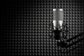 Professional condenser microphone on the black noise cancelling wall. Recording studio