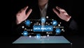 Professional conducting data analysis with digital interface showcasing various elements related to statistics, machine Royalty Free Stock Photo