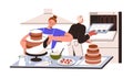 Professional confectioner making cake. Pastry chef woman cooking sweet dessert, decorating confectionery. Confection