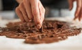 Professional confectioner making tasty cake with melted chocolate Royalty Free Stock Photo