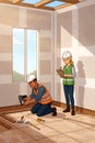 Professional Construction Workers Installing Interior Flooring and Baseboards in a New Home Royalty Free Stock Photo