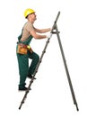 Professional constructor climbing ladder on white background Royalty Free Stock Photo