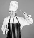 Professional cook of culinary school. Culinary arts academy. Culinary school concept. Woman professional chef hold