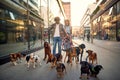 Professional couple dog walker in the street with lots of dogs