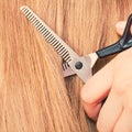 Close up detail. Special scissors cutting hair.