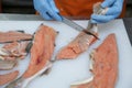 Professional cutting of raw red salmon fish. Hands with a knife close-up. Fish factory, shop, production, restaurant.