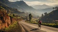 professional cyclist wearing red shirt riding his bike on la calera colombia highway with mountain view in evening
