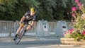 Professional cyclist in a corner at full speed Royalty Free Stock Photo