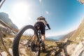 Professional cyclist in protective helmet trains on mountain road. Generative AI