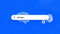 Modern Flat Vector Illustration of AI Command Prompt Search Bar on Blue Background with Brain and Gear Icons Royalty Free Stock Photo