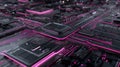 AI Decision-Making Matrix with Central Processing Unit, Glowing Pink Data Circuitry and Hardware Logic Interface. Royalty Free Stock Photo