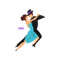 Professional dancer couple dancing tango, pair of young man and woman dressed in elegant clothing performing dance