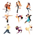 Professional dancer people dancing, young man and woman performing modern and classical dances vector Illustrations on a Royalty Free Stock Photo