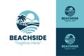Professional Dark Blue Circular Beachside Logo with Palm Trees and Ocean Waves Royalty Free Stock Photo