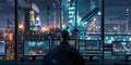 A professional data system engineer is sitting in front of multiple computer screens, looking at the industrial plant outside
