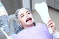 Professional dental hygiene for a young girl. The patient looks in the mirror. Prevention of caries. The concept of health
