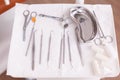 Professional dental stomatology teeth tools standing on modern equipment