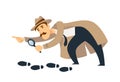 Professional detective with mustaches and magnifier follows footprints Royalty Free Stock Photo