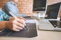 Professional Developer programmer cooperation meeting and brainstorming and programming in website working a software outsourcing Royalty Free Stock Photo