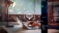 Professional developer working on a laptop with a glowing AI brain interface and digital data icons. Concept of artificial Royalty Free Stock Photo