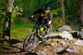 Professional Cyclist Riding the Mountain Bike on Autumn Forest Trail. Extreme Sport and Enduro Cycling Concept. Royalty Free Stock Photo