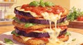 Professional digital illustration of eggplant parmesan stack with marinara and basil, melty cheese p Royalty Free Stock Photo