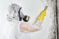 A professional disinfector in overalls processes the walls from mold with a spatula. Removal of black fungus in the apartment and
