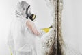 A professional disinfector in overalls processes the walls from mold with a spatula. Removal of black fungus in the apartment and