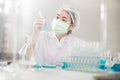 Asian women scientist with test tube making research in clinical laboratory.Science, chemistry, technology, biology and people con Royalty Free Stock Photo